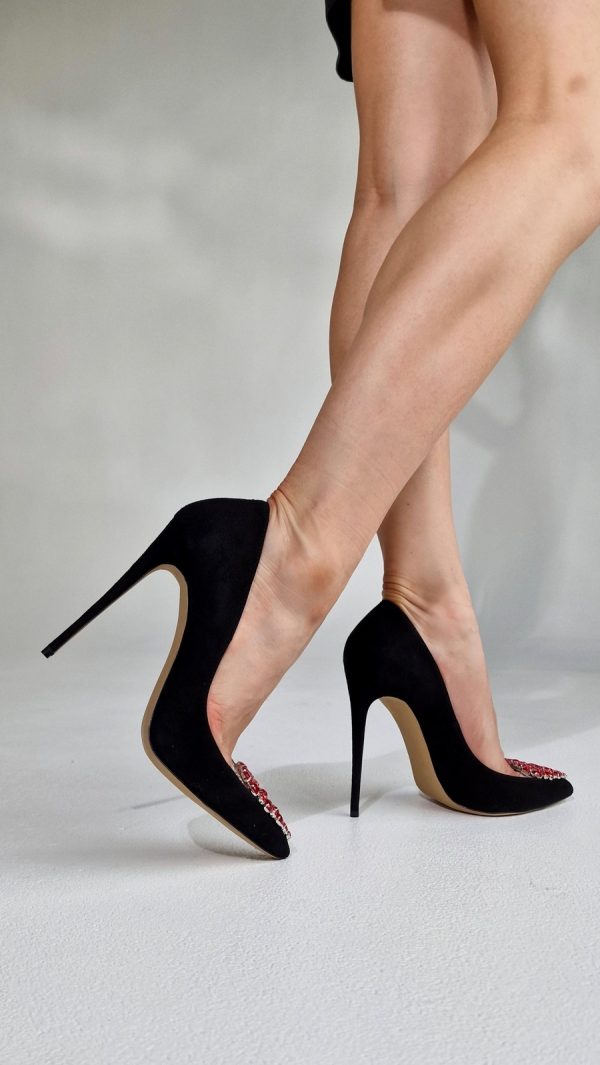 STILETTO HEELS IN GENUINE BLACK SUEDE WITH A HEART-SHAPED BROOCH - Image 5