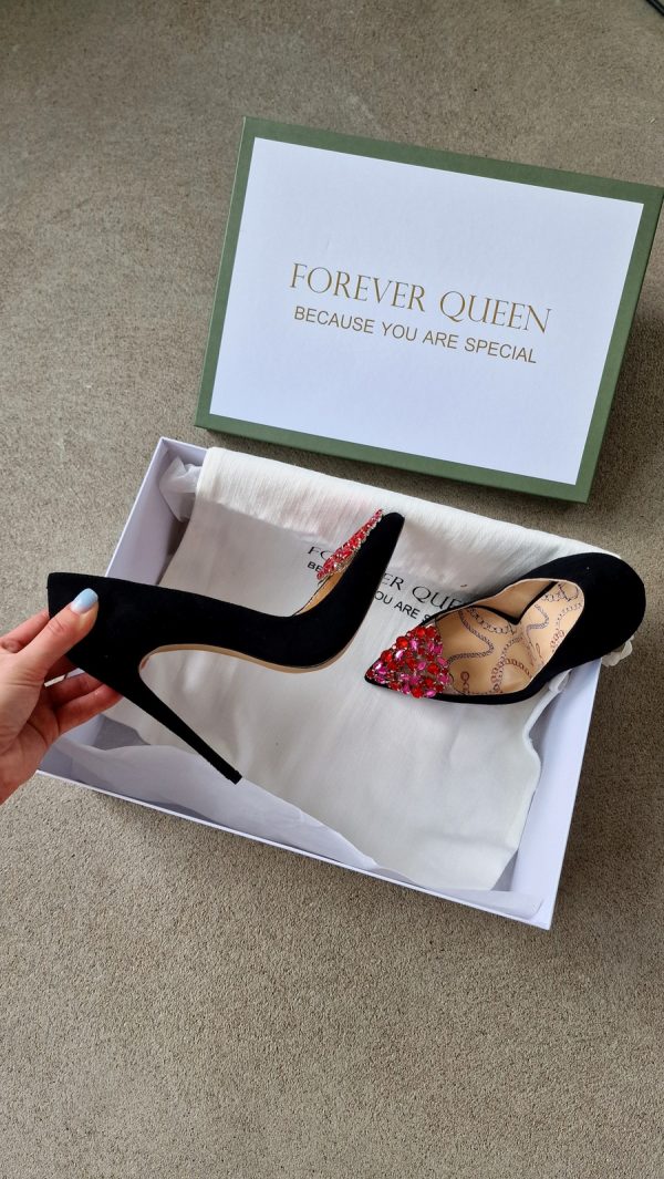 STILETTO HEELS IN GENUINE BLACK SUEDE WITH A HEART-SHAPED BROOCH - Image 2