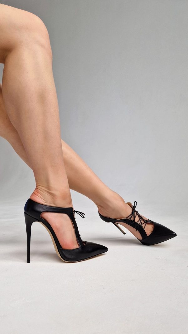 WOMEN'S GENUINE LEATHER SHOES IN BLACK COLOR WITH LACE-UP AND HIGH HEELS - Image 2