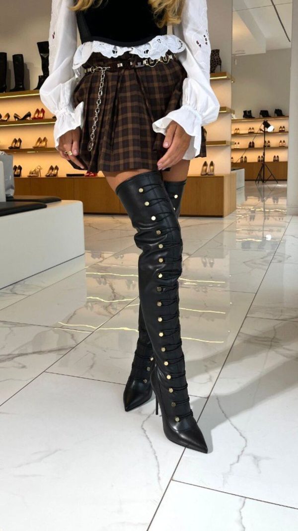HIGH BOOTS MADE OF GENUINE BLACK LEATHER WITH DECORATIVE LACING ON BUTTONS - Image 3