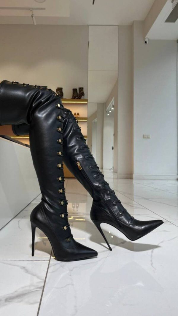 HIGH BOOTS MADE OF GENUINE BLACK LEATHER WITH DECORATIVE LACING ON BUTTONS - Image 2
