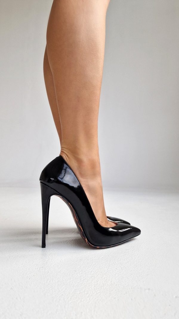 WOMEN'S SHOES MADE OF GENUINE PATENT LEATHER, BLACK, WITH LEO SOLES AND HIGH HEELS - Image 5