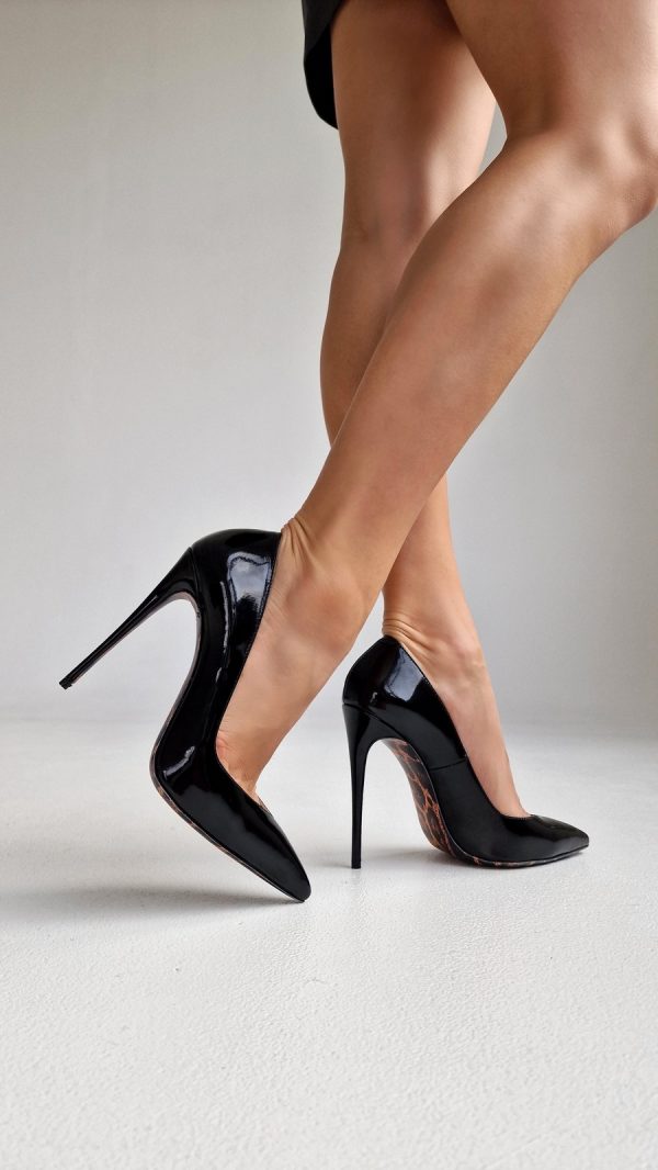 WOMEN'S SHOES MADE OF GENUINE PATENT LEATHER, BLACK, WITH LEO SOLES AND HIGH HEELS - Image 2