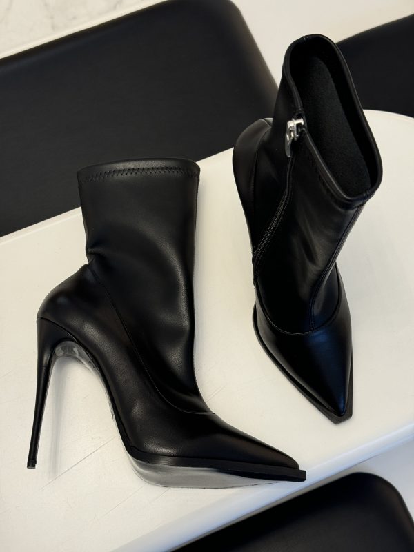 BLACK LEATHER HIGH-HEEL STOCKING ANKLE BOOTS - Image 1